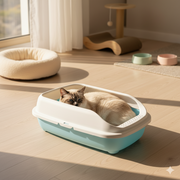 Semi-Enclosed Cat Blue Litter Box with Rim – Anti-Scatter Easy-Clean Kitty Toilet