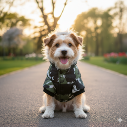 Camouflage Hooded Dog Jacket with Fur Trim – Warm & Stylish Winter Pet Coat
