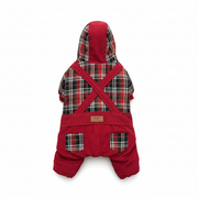 Red Plaid Hooded Dog Jumpsuit with Suspenders – Cozy Winter Outfit for Pets